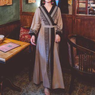 Long-sleeve Patterned Wrap Maxi Shift Dress