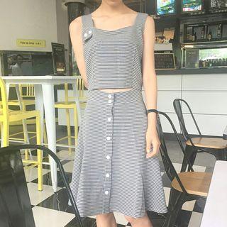 Set: Plaid Sleeveless Top + Buttoned A-line Skirt