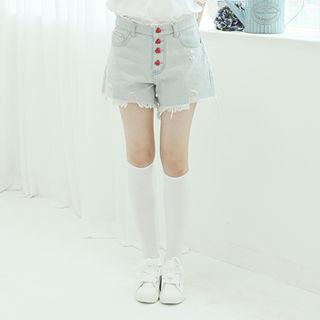 Heart Button-fly Denim Shorts Blue - One Size