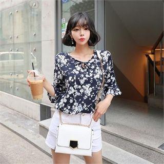 Tie-neck Elbow-sleeve Floral Blouse