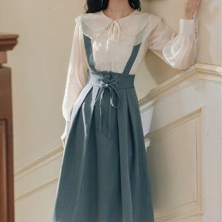 Set: Layered Collar Blouse + High Waist Suspender Skirt