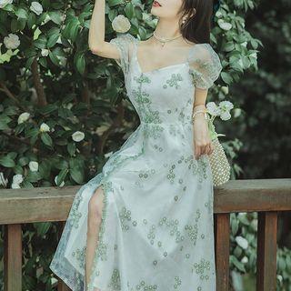 Puff-sleeve Floral Mesh Slit Midi A-line Dress