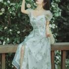 Puff-sleeve Floral Mesh Slit Midi A-line Dress