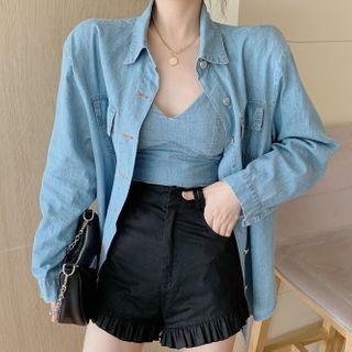 Denim Shirt / Spaghetti Strap Top / Shorts