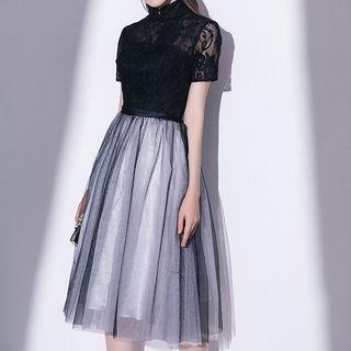 Short-sleeve Lace Midi A-line Cocktail Dress