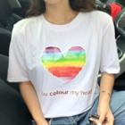 Short-sleeve Rainbow Heart Applique T-shirt