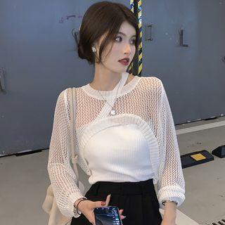 Long-sleeve Pointelle Shrug / One-shoulder Camisole Top