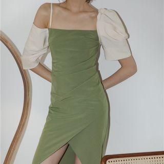 Short-sleeve Cold Shoulder Slit Sheath Dress