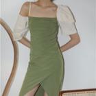 Short-sleeve Cold Shoulder Slit Sheath Dress
