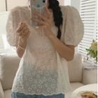 Puff-sleeve Embroidered Blouse Beige - One Size