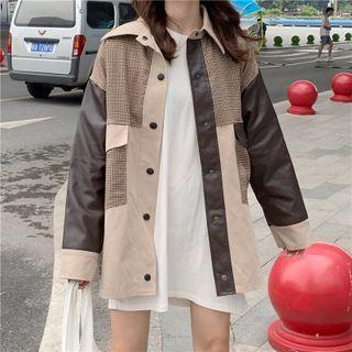 Color Block Faux Leather Panel Shirt Jacket Coffee & Khaki - One Size