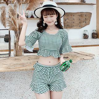 Set: Frilled Trim Check Swim Top + Swim Shorts