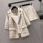 Set: Short-sleeve Plaid Blazer + Shorts + Camisole Top