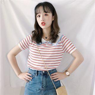 Collared Striped Short-sleeve Knit Top