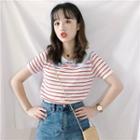 Collared Striped Short-sleeve Knit Top