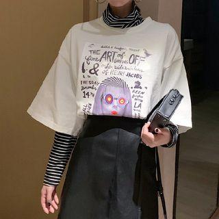 Mock Turtleneck Long-sleeve Striped Top / Elbow-sleeve Printed T-shirt