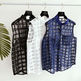 Plain See-through Mesh Sleeveless Blouse