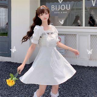 Short-sleeve Embroidered Mini A-line Dress White - One Size