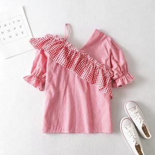 Short-sleeve Asymmetric Plaid Frill Trim Top