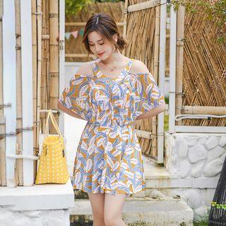 Cold-shoulder Feather Print Swim Dress