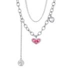 Heart Chain Layered Necklace 01 - Pink Heart - Silver - One Size