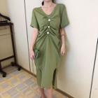 Short-sleeve V-neck Dress Green - One Size