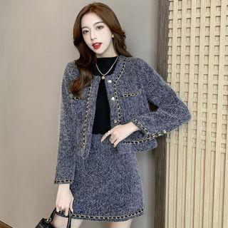 Set: Chain Trim Fleece Jacket + Mini A-line Skirt