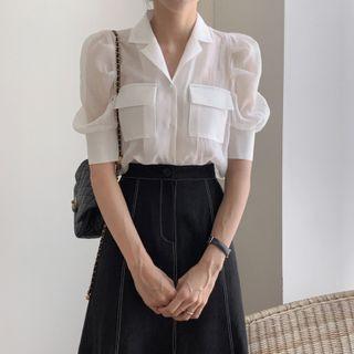 Puff-sleeve Pocket Detail Shirt / Contrast Stitching Midi A-line Skirt