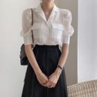 Puff-sleeve Pocket Detail Shirt / Contrast Stitching Midi A-line Skirt