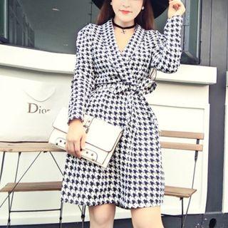 Belted Houndstooth A-line Coat Dress