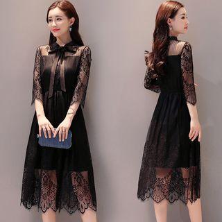 3/4-sleeve Tie-neck A-line Lace Dress