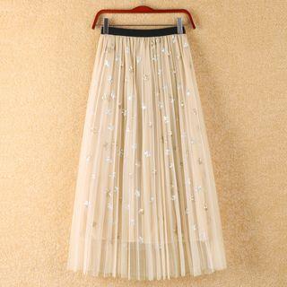 Sequined Midi Mesh Pleated Skirt