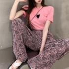 Short-sleeve Heart Print T-shirt / Leopard Print Wide Leg Pants