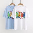 Elbow-sleeve Fish Printed T-shirt