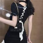 Short-sleeve Lace-up Two Tone Dress Black - One Size