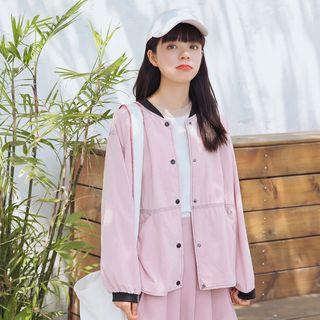 Contrast Trim Buttoned Baseball Jacket Pink - One Size