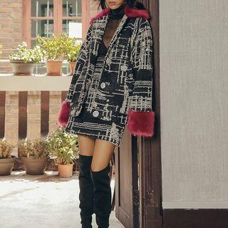 Set: Faux Fur Collar Button Jacket + Mini Patterned A-line Skirt