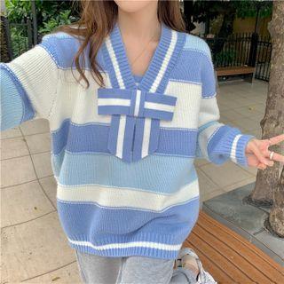 Long-sleeve V-neck Striped Bow Knit Sweater