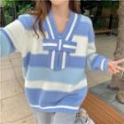 Long-sleeve V-neck Striped Bow Knit Sweater