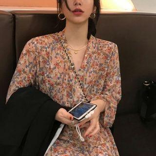 Floral V-neck Long-sleeve Dress Pink - One Size