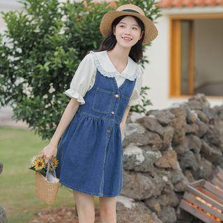 Elbow-sleeve Collar Blouse / Denim Mini A-line Overall Dress
