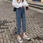 Button-accent Cropped Straight Leg Jeans