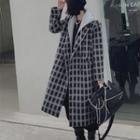 Detachable Hood Double Breasted Gingham Woolen Coat Black & Gray - One Size