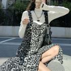 Long-sleeve Mock-neck Top / Spaghetti Strap Leopard Print Midi Dress