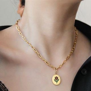 Flower Pendant Alloy Necklace Gold & Red & Green - One Size