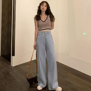 Plaid Cropped Sleeveless Knit Top / High-waist Wide-leg Jeans