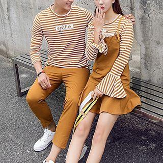 Couple Matching Striped Long-sleeve T-shirt / Jumper Dress / Cropped Pants