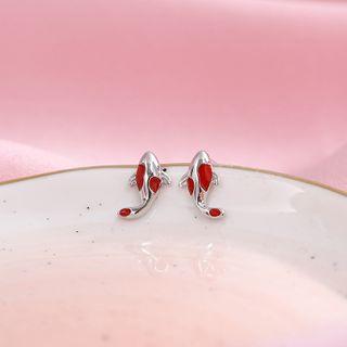 925 Sterling Silver Fish Stud Earring Fish - Silver & Red - One Size