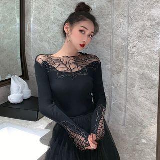 Mesh Panel Long-sleeve Knit Top Black - One Size
