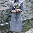 Mandarin Collar Gingham 3/4-sleeve Sheath Dress